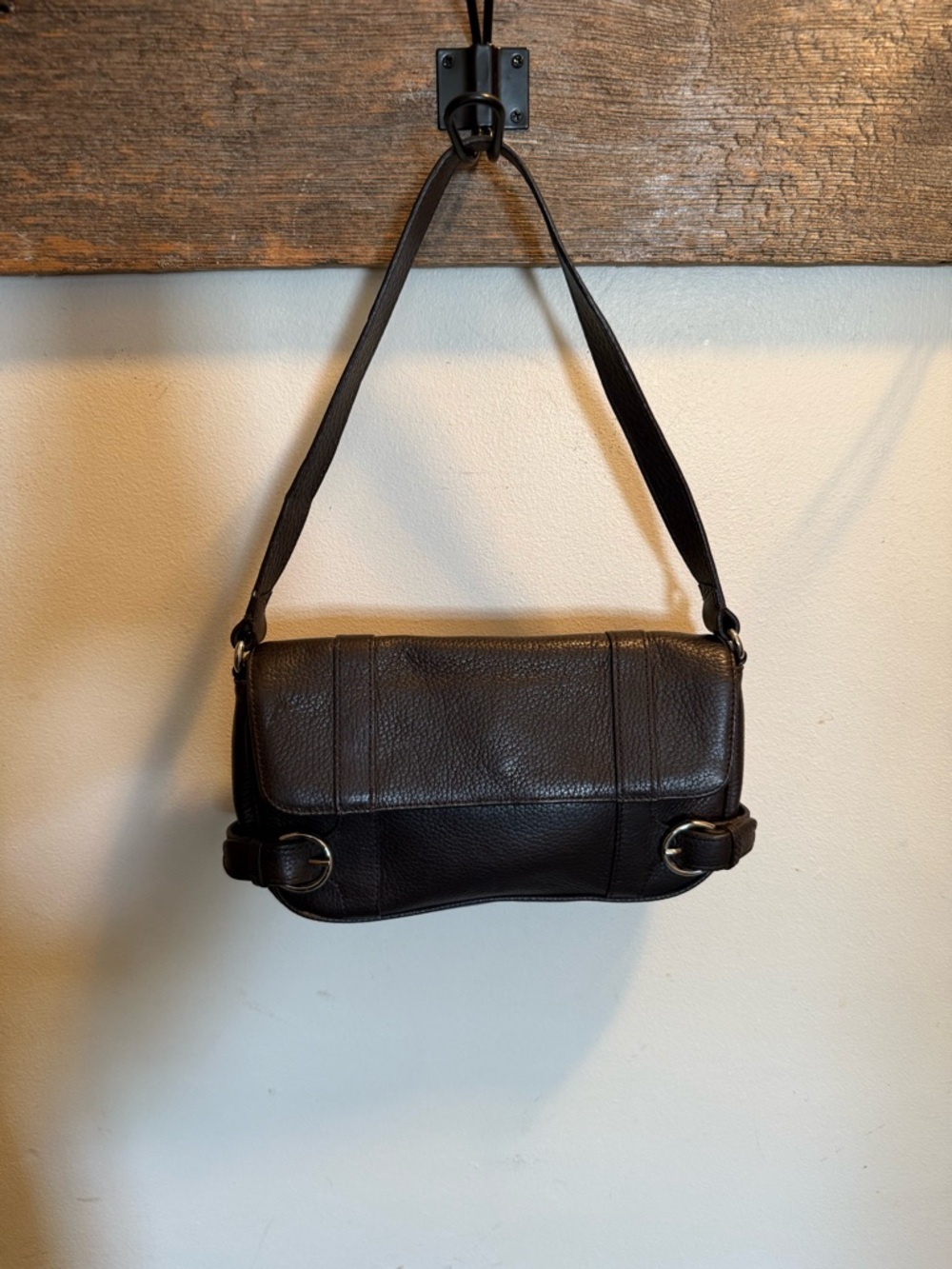 LOFT Dark Brown Baguette Pebbled Leather Shoulder Bag EUC - Picture 3 of 9